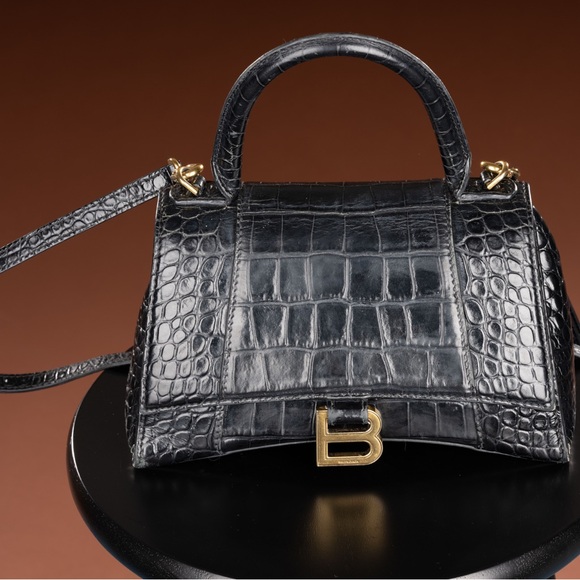 PRE-LOVED* BALENCIAGA HOURGLASS XS CROC EMBOSSED LEATHER TOP HANDLE SATCHEL - Picture 9 of 12